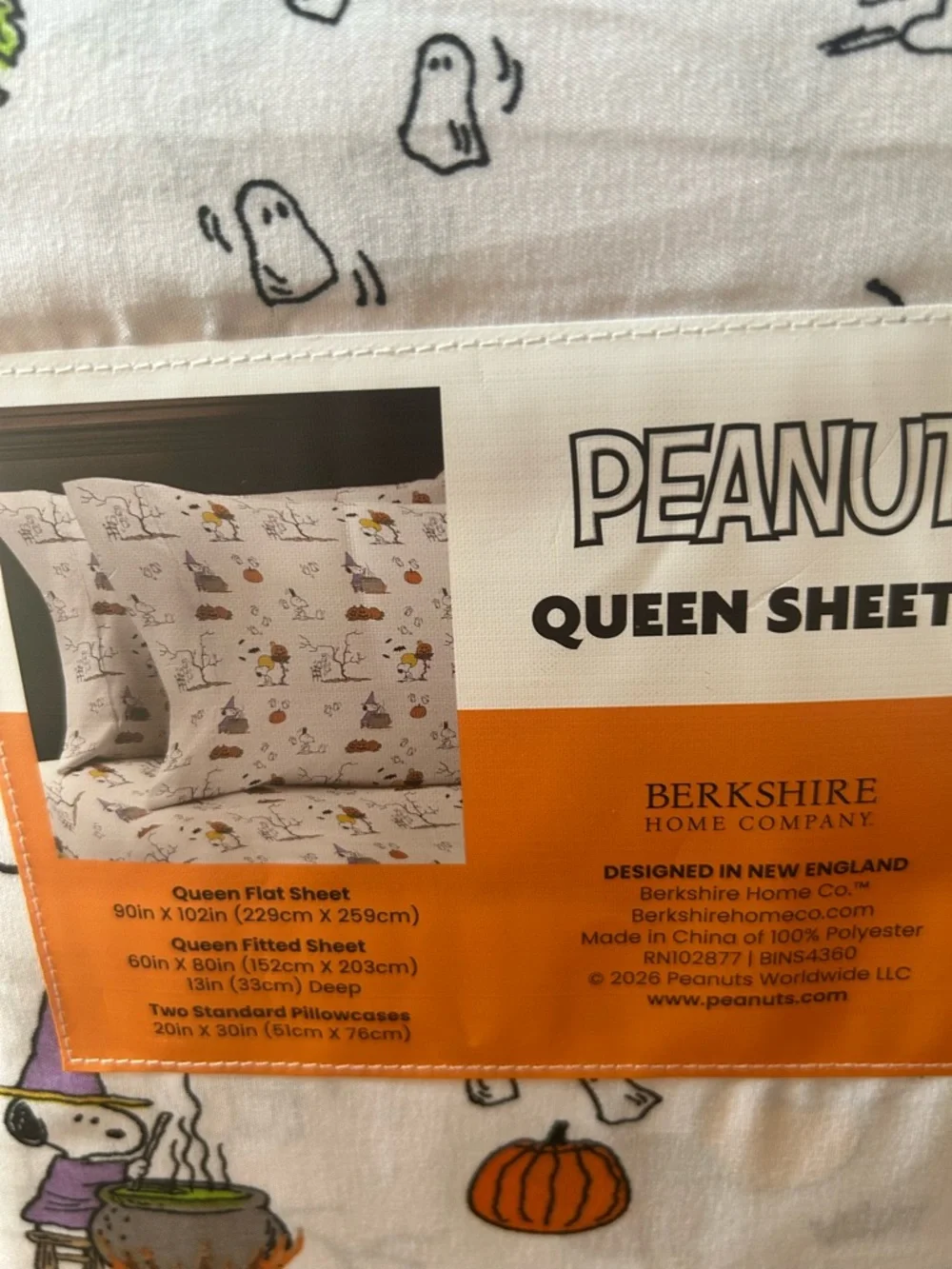 New Peanuts Snoopy Spooky  Halloween Queen  Size Sheet Set Pumpkin